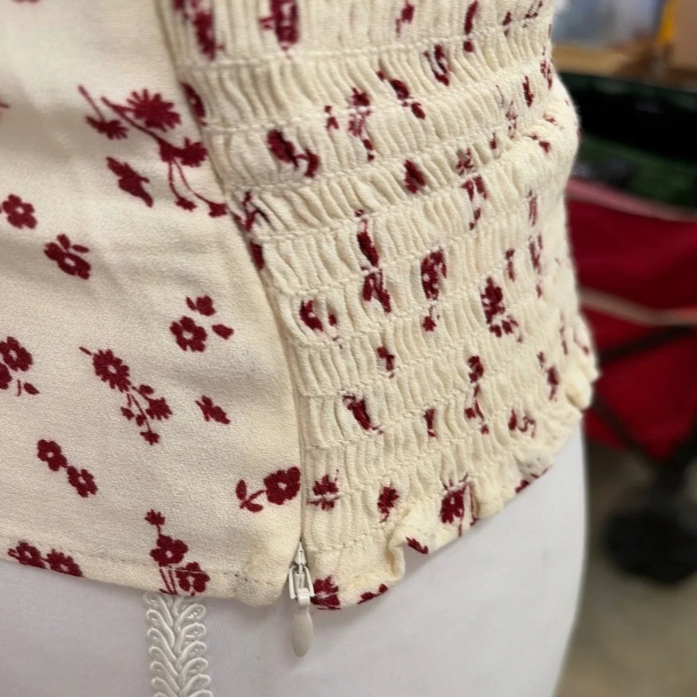 Reformation Floral‎ Sweetheart Long Smocked Top Cream 4 Coquette Corset top